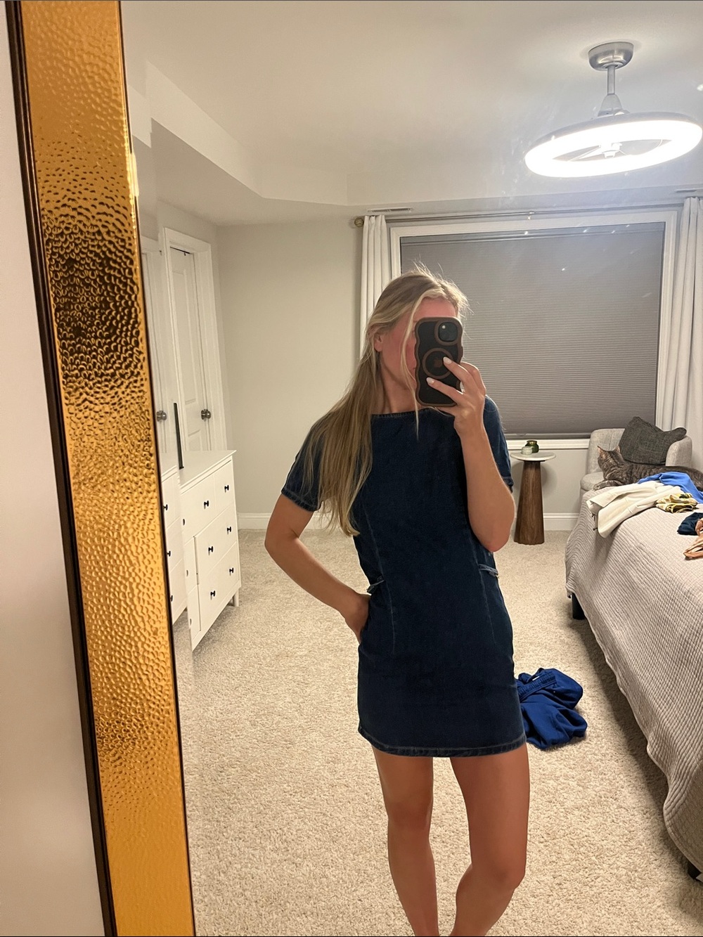 Navy Denim Short-Sleeve Mini Shift Dress
